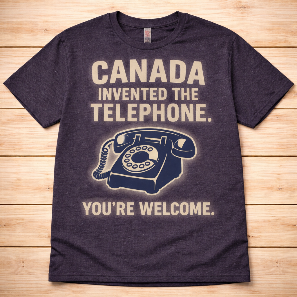 Navy blue t-shirt with vintage telephone graphic and text on a wooden surface