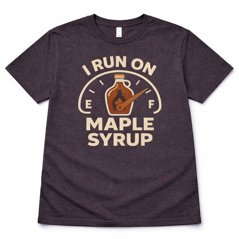 Dark gray t-shirt with 'I Run on Maple Syrup' graphic design on a white background