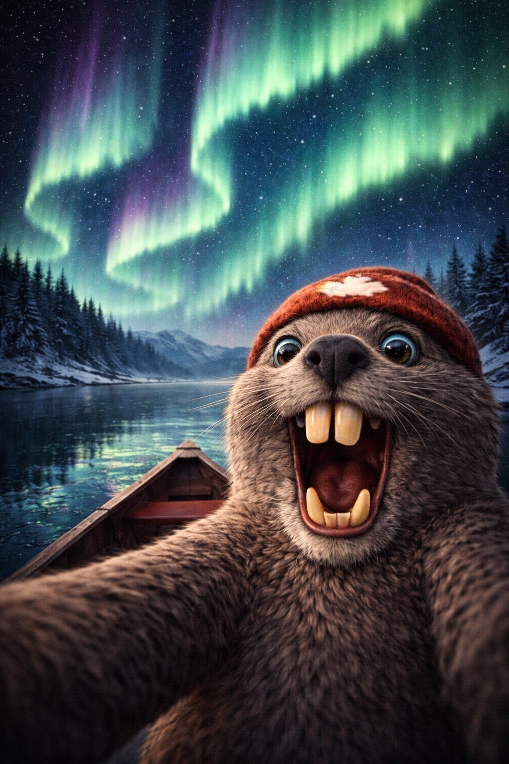 Beaver Selfie Encounter - Northern Lights Edition