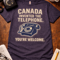 Navy Heather t-shirt with 'Canada invented the telephone. You're welcome.