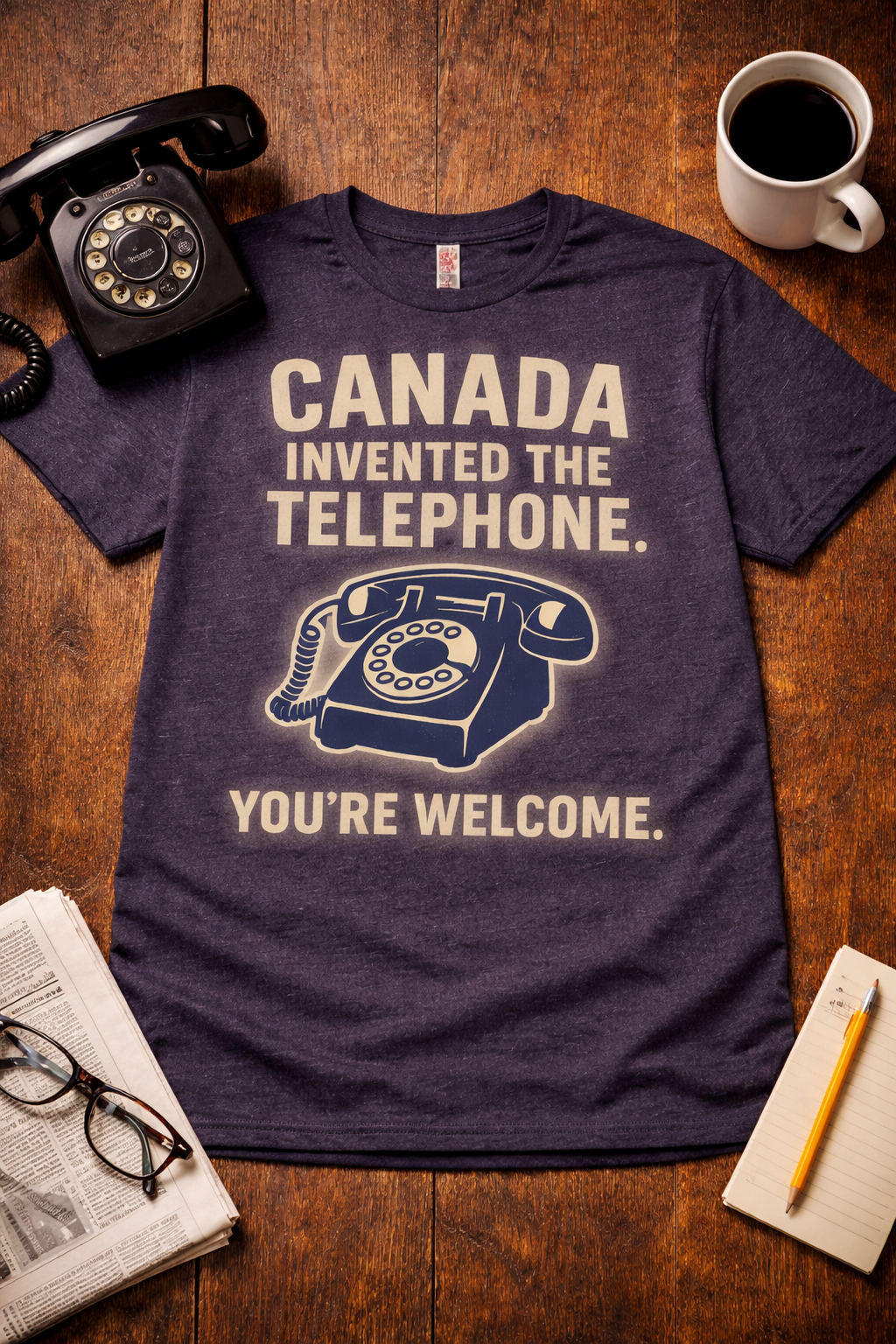 Navy Heather t-shirt with 'Canada invented the telephone. You're welcome.