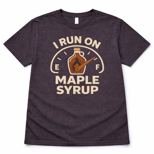 Dark gray t-shirt with 'I Run on Maple Syrup' graphic design on a white background