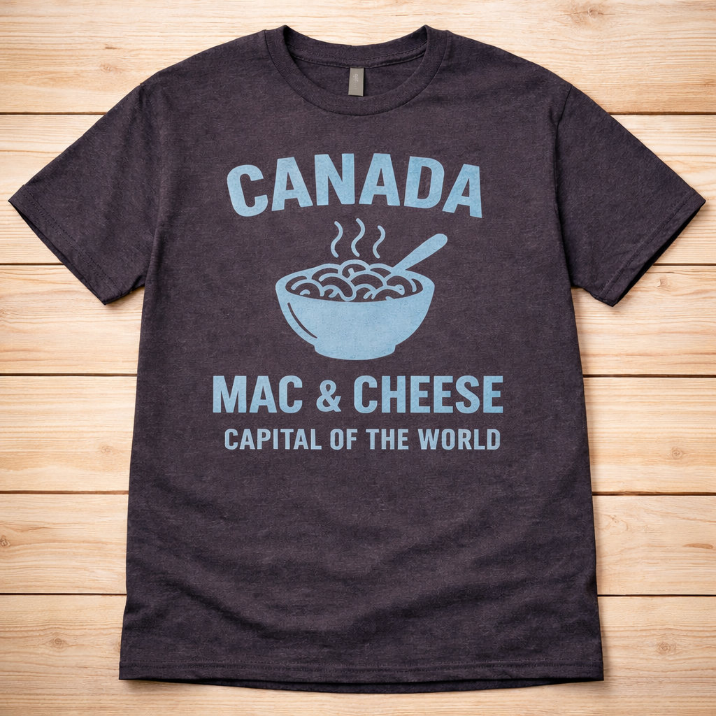 Black t-shirt with blue graphic and text on a wooden surface